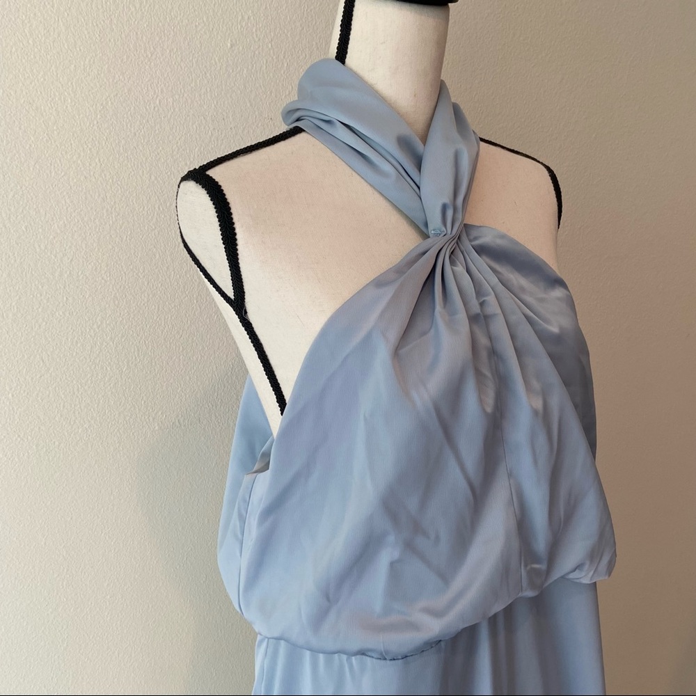 Boohoo Ice Blue Twist Front High Neck Satin Formal Dress - Picture 8 of 9